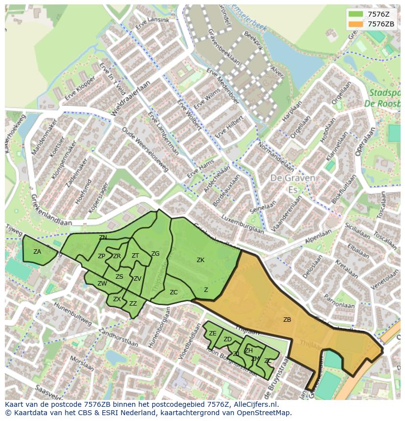 Afbeelding van het postcodegebied 7576 ZB op de kaart.