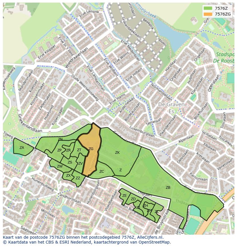 Afbeelding van het postcodegebied 7576 ZG op de kaart.