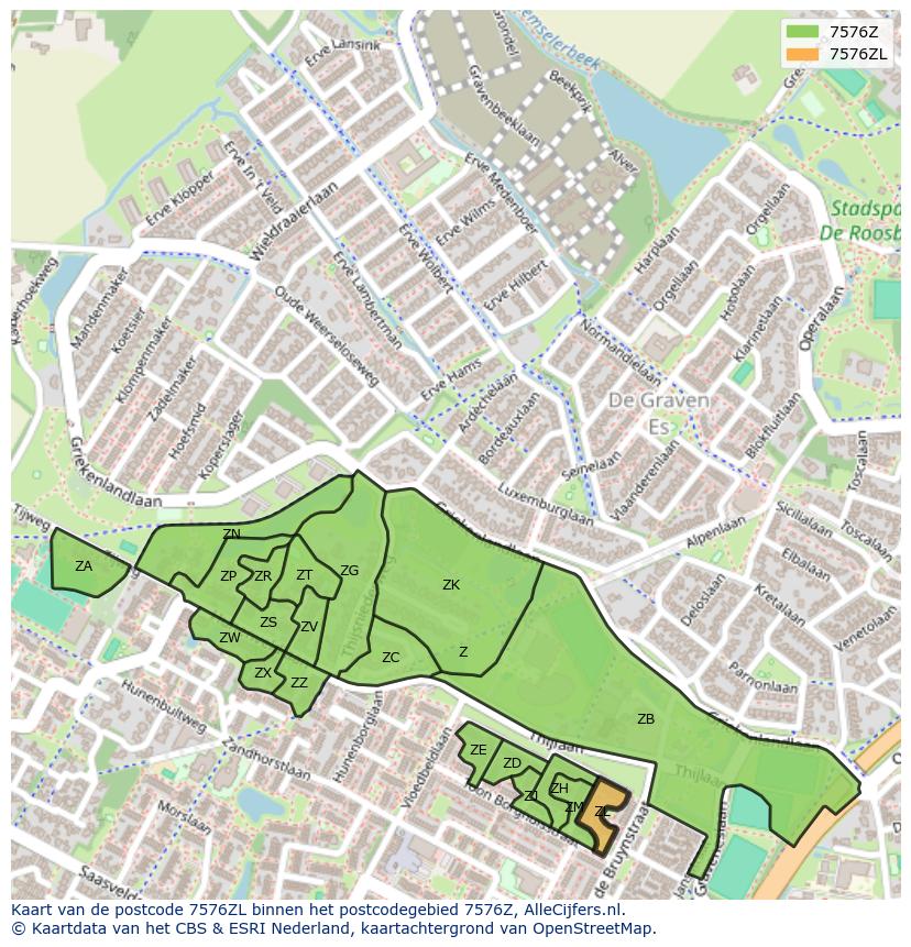 Afbeelding van het postcodegebied 7576 ZL op de kaart.