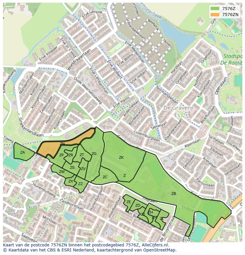 Afbeelding van het postcodegebied 7576 ZN op de kaart.