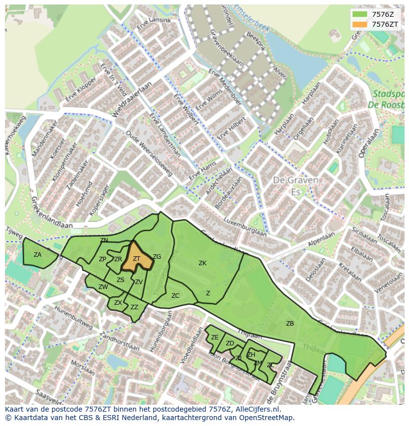 Afbeelding van het postcodegebied 7576 ZT op de kaart.