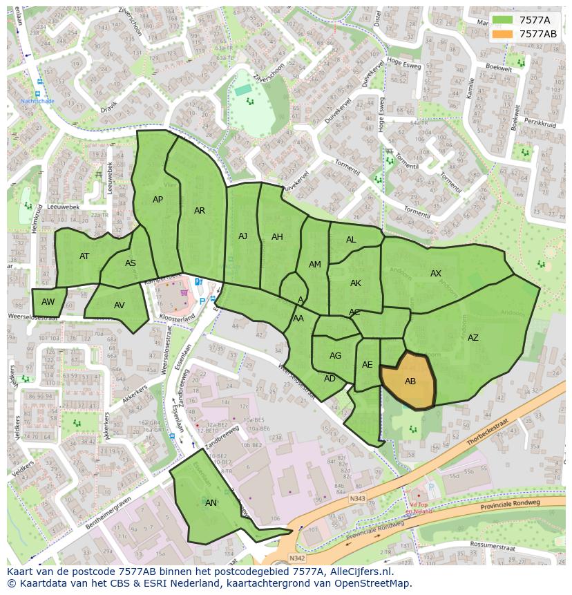 Afbeelding van het postcodegebied 7577 AB op de kaart.