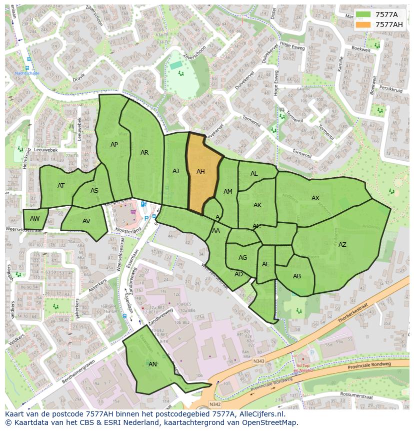 Afbeelding van het postcodegebied 7577 AH op de kaart.