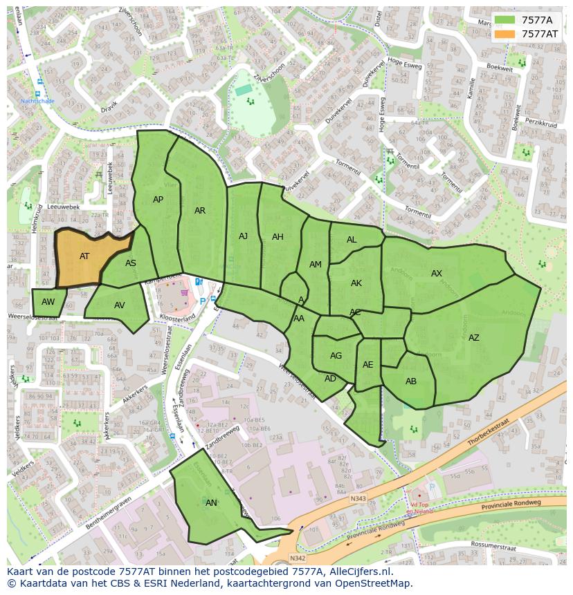 Afbeelding van het postcodegebied 7577 AT op de kaart.