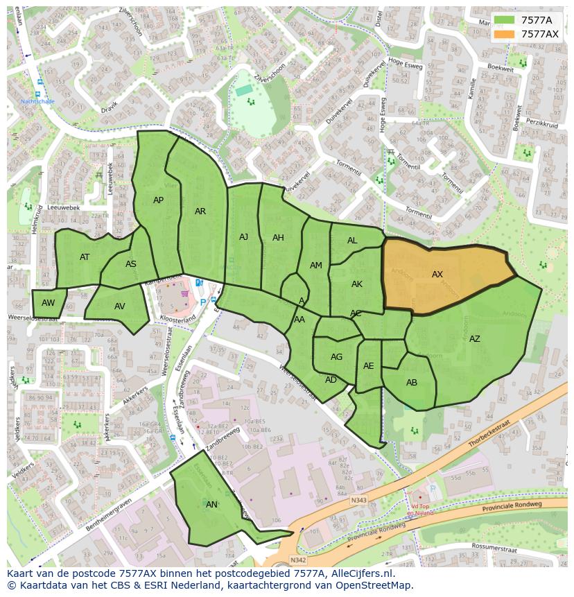 Afbeelding van het postcodegebied 7577 AX op de kaart.
