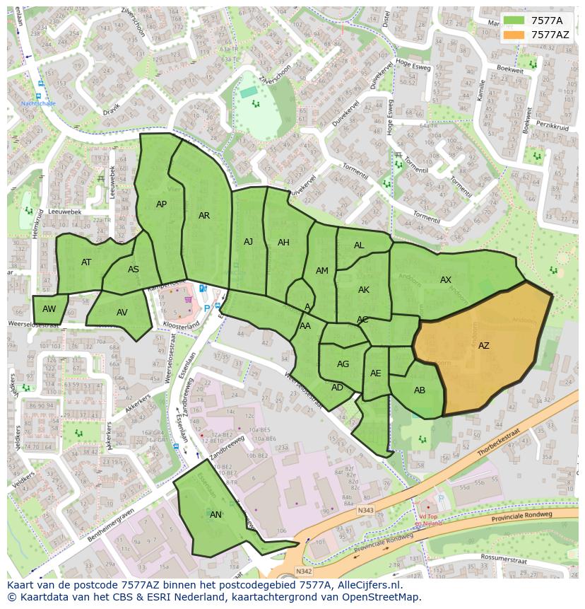 Afbeelding van het postcodegebied 7577 AZ op de kaart.