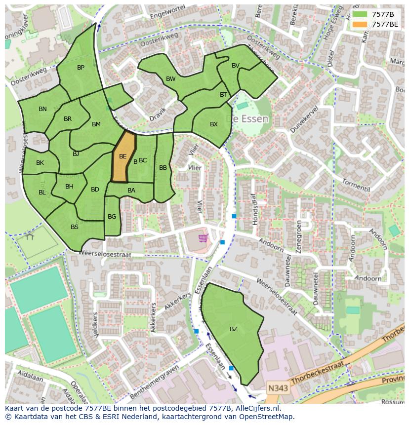 Afbeelding van het postcodegebied 7577 BE op de kaart.