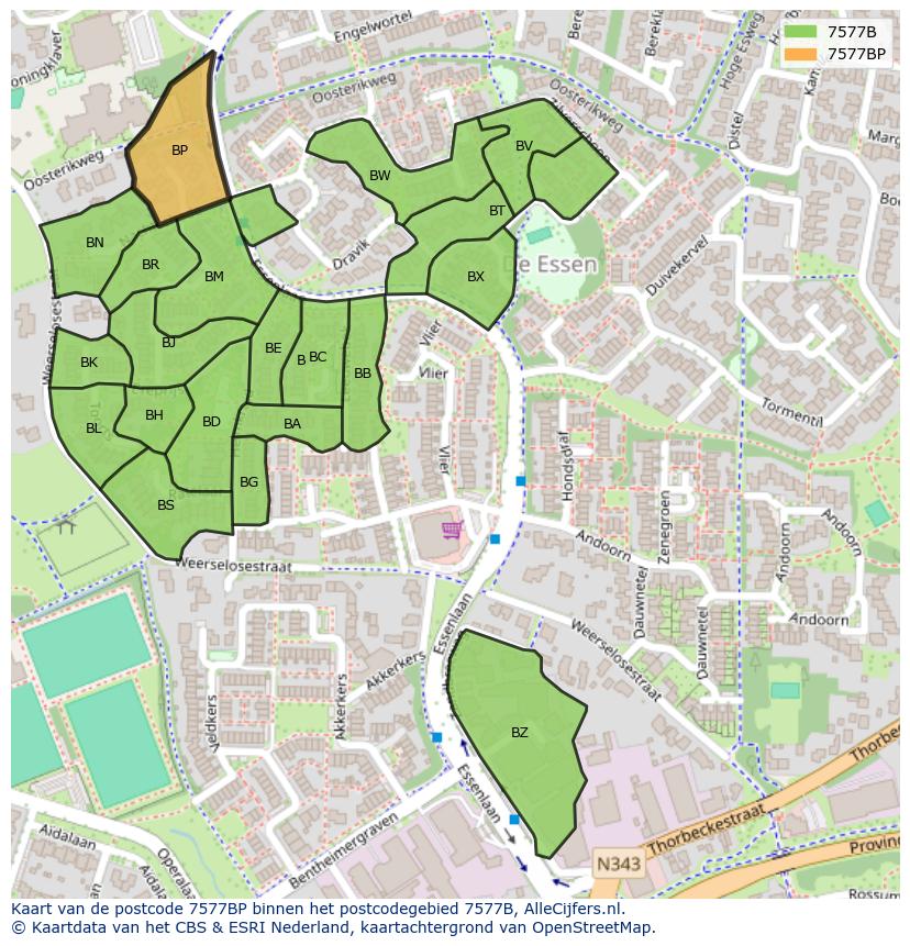 Afbeelding van het postcodegebied 7577 BP op de kaart.