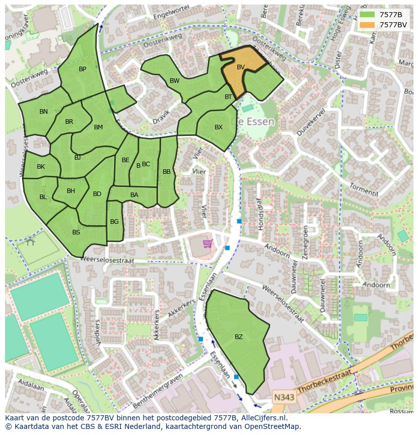 Afbeelding van het postcodegebied 7577 BV op de kaart.