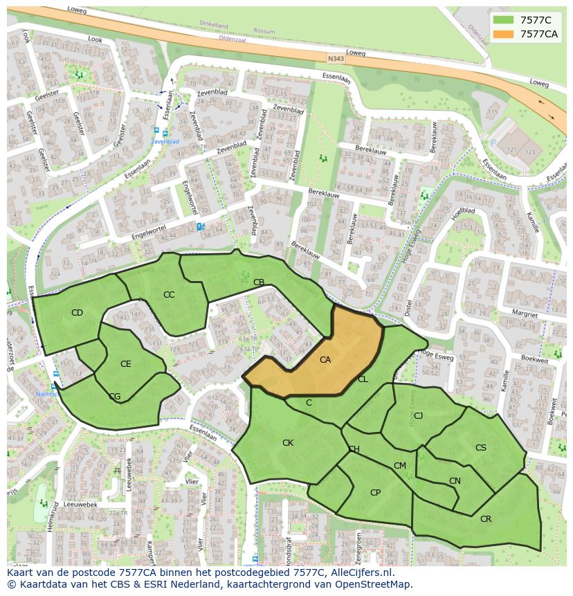 Afbeelding van het postcodegebied 7577 CA op de kaart.