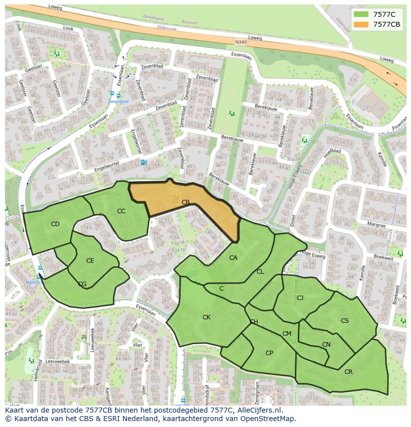 Afbeelding van het postcodegebied 7577 CB op de kaart.