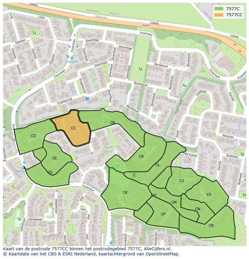 Afbeelding van het postcodegebied 7577 CC op de kaart.