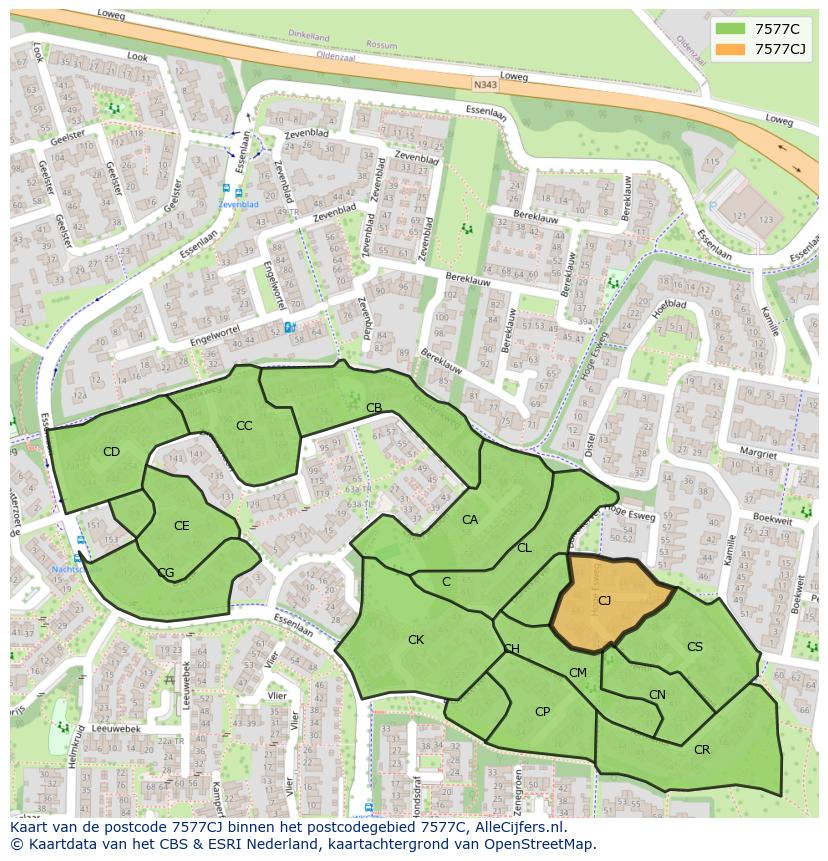 Afbeelding van het postcodegebied 7577 CJ op de kaart.