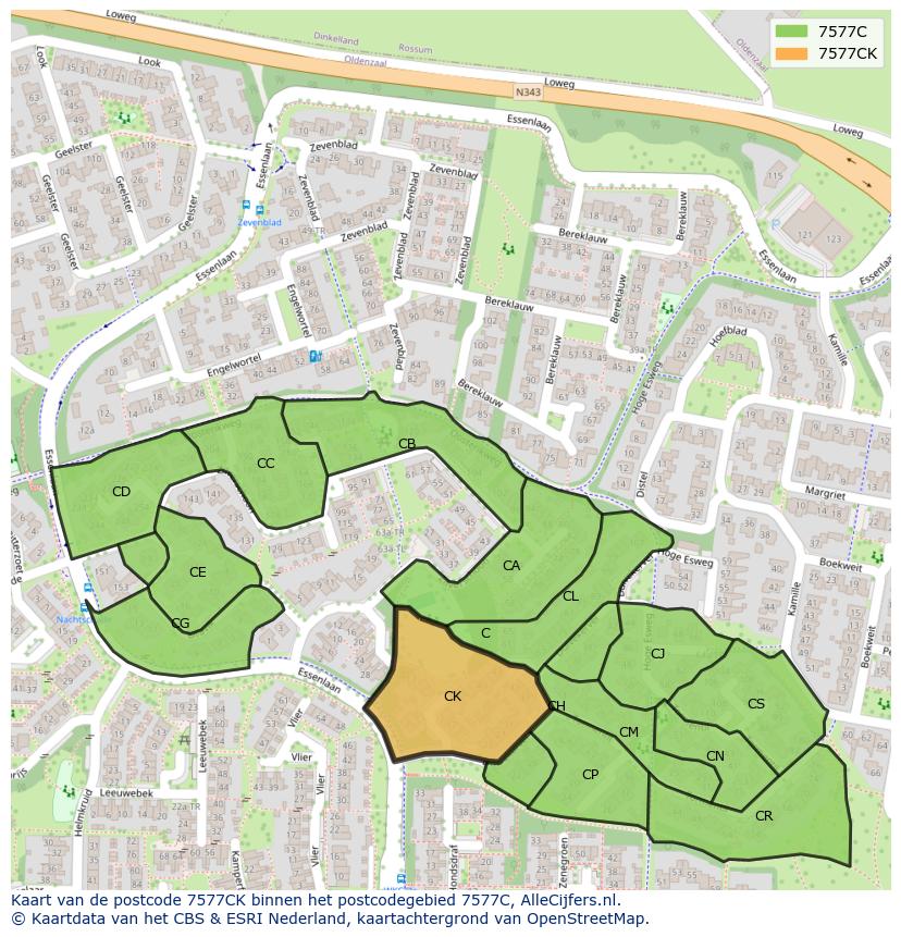 Afbeelding van het postcodegebied 7577 CK op de kaart.