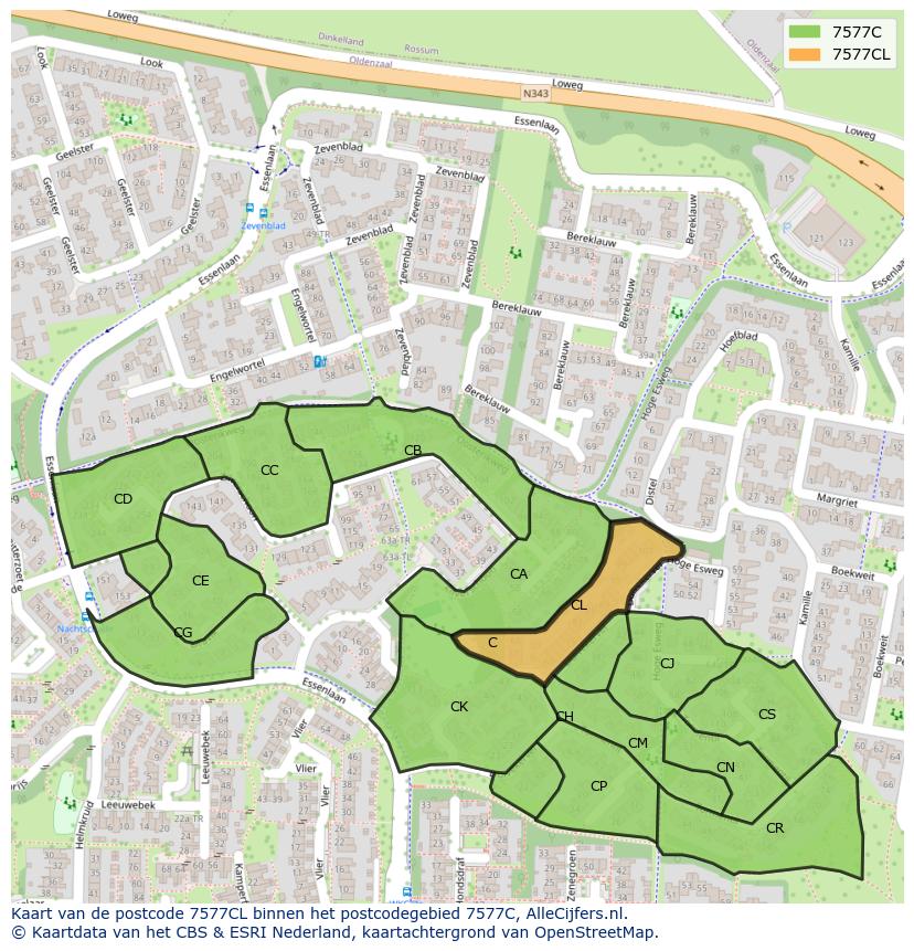 Afbeelding van het postcodegebied 7577 CL op de kaart.