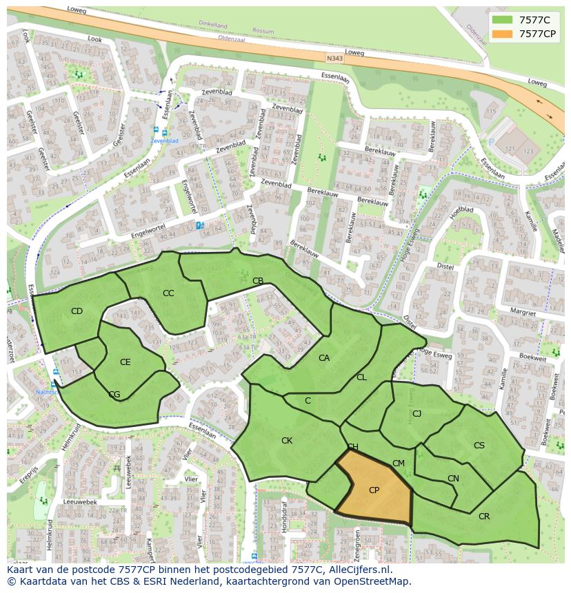 Afbeelding van het postcodegebied 7577 CP op de kaart.