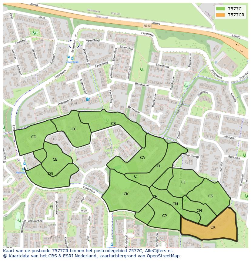 Afbeelding van het postcodegebied 7577 CR op de kaart.