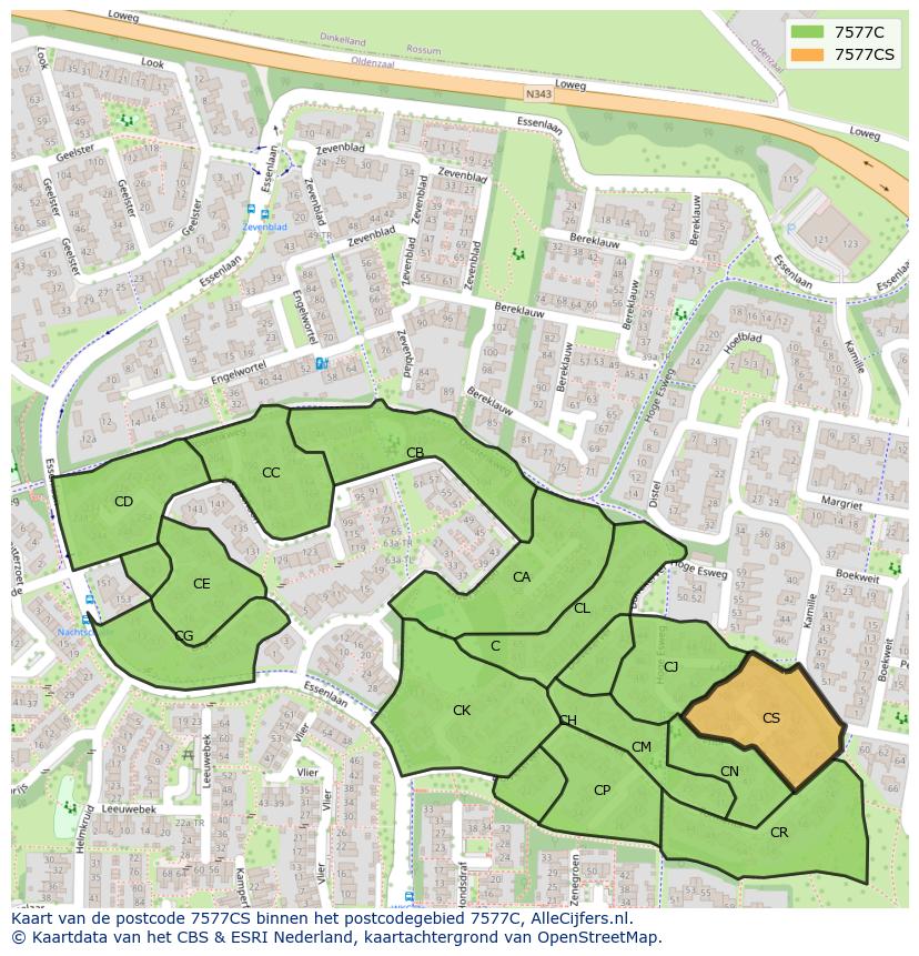 Afbeelding van het postcodegebied 7577 CS op de kaart.