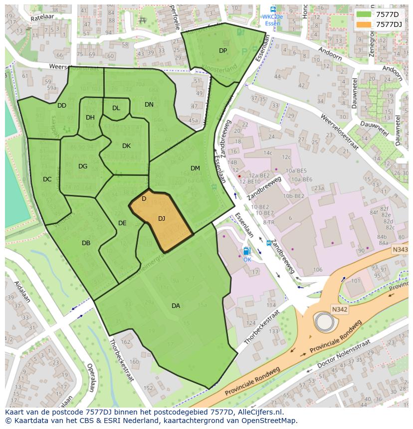 Afbeelding van het postcodegebied 7577 DJ op de kaart.