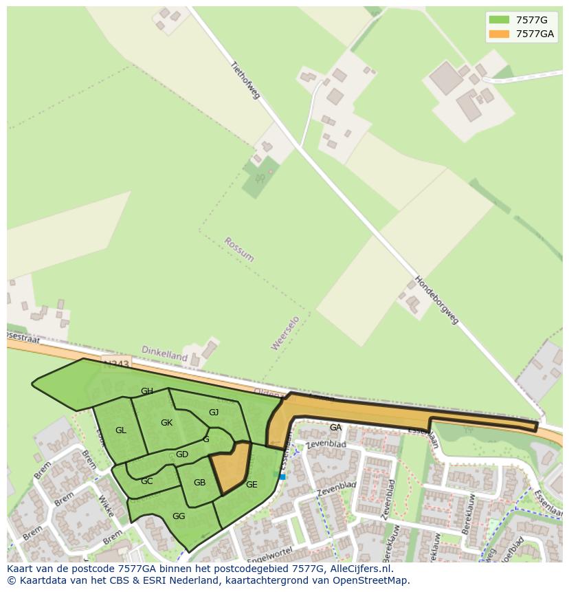 Afbeelding van het postcodegebied 7577 GA op de kaart.