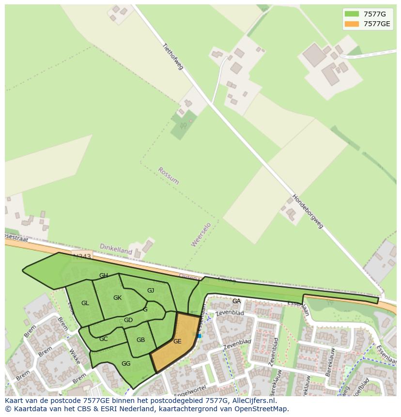 Afbeelding van het postcodegebied 7577 GE op de kaart.