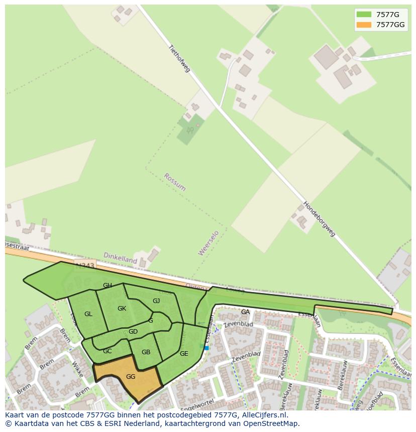 Afbeelding van het postcodegebied 7577 GG op de kaart.
