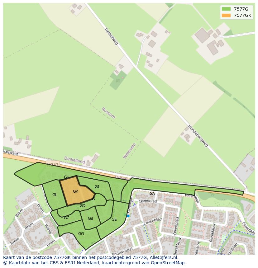 Afbeelding van het postcodegebied 7577 GK op de kaart.