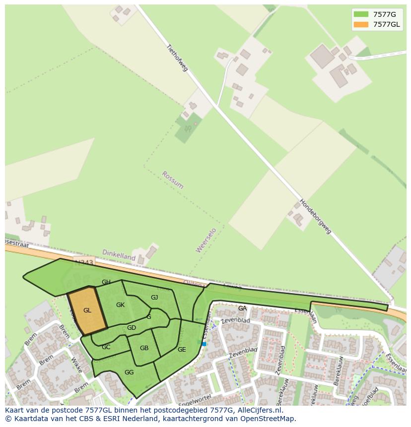 Afbeelding van het postcodegebied 7577 GL op de kaart.