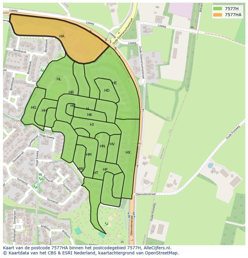 Afbeelding van het postcodegebied 7577 HA op de kaart.
