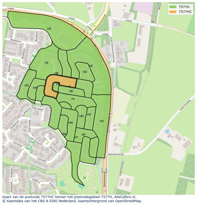Afbeelding van het postcodegebied 7577 HC op de kaart.