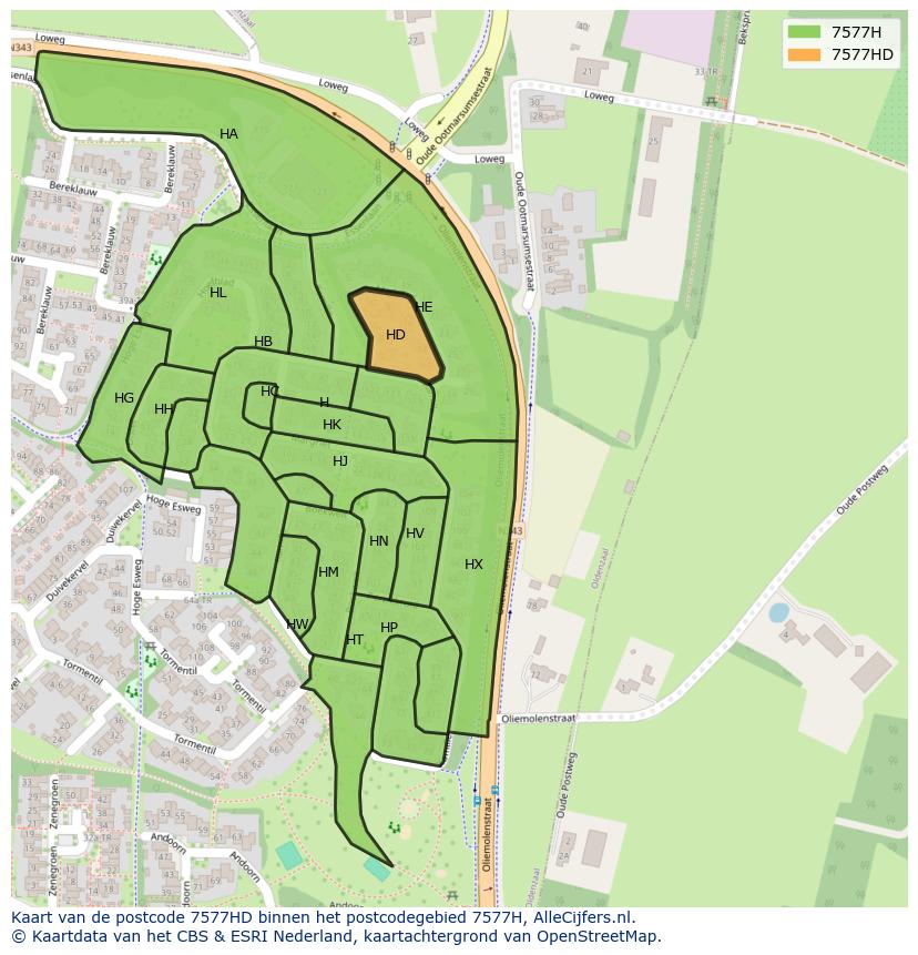 Afbeelding van het postcodegebied 7577 HD op de kaart.