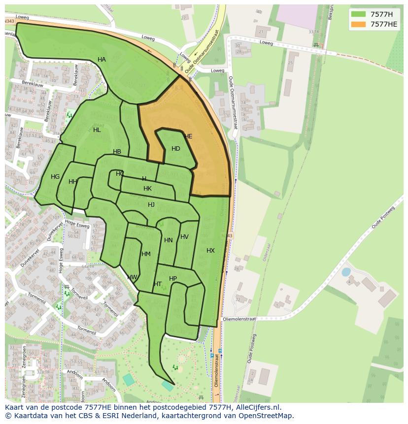 Afbeelding van het postcodegebied 7577 HE op de kaart.