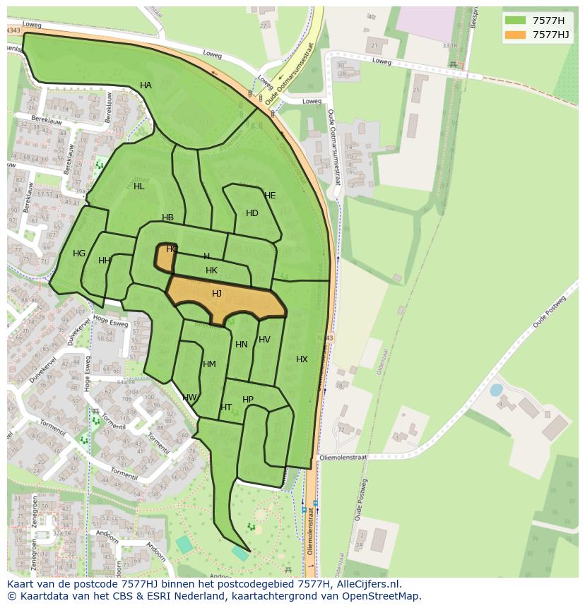 Afbeelding van het postcodegebied 7577 HJ op de kaart.