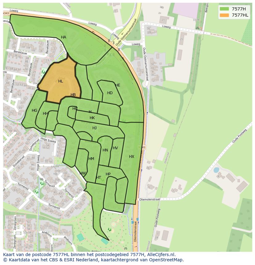 Afbeelding van het postcodegebied 7577 HL op de kaart.