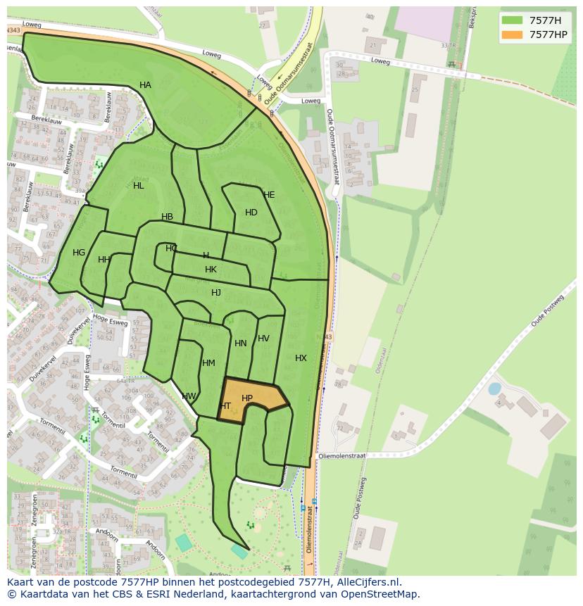 Afbeelding van het postcodegebied 7577 HP op de kaart.