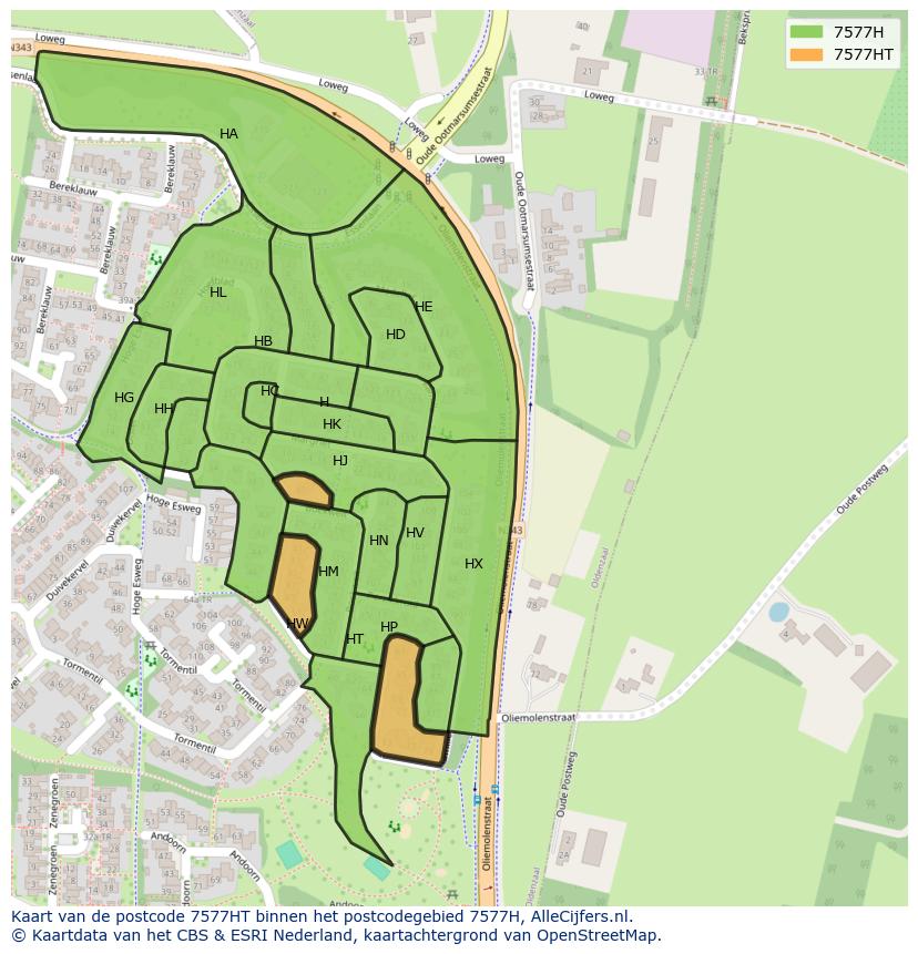 Afbeelding van het postcodegebied 7577 HT op de kaart.