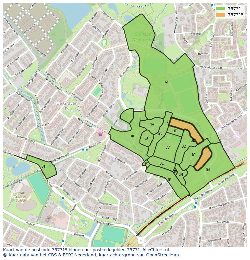 Afbeelding van het postcodegebied 7577 JB op de kaart.