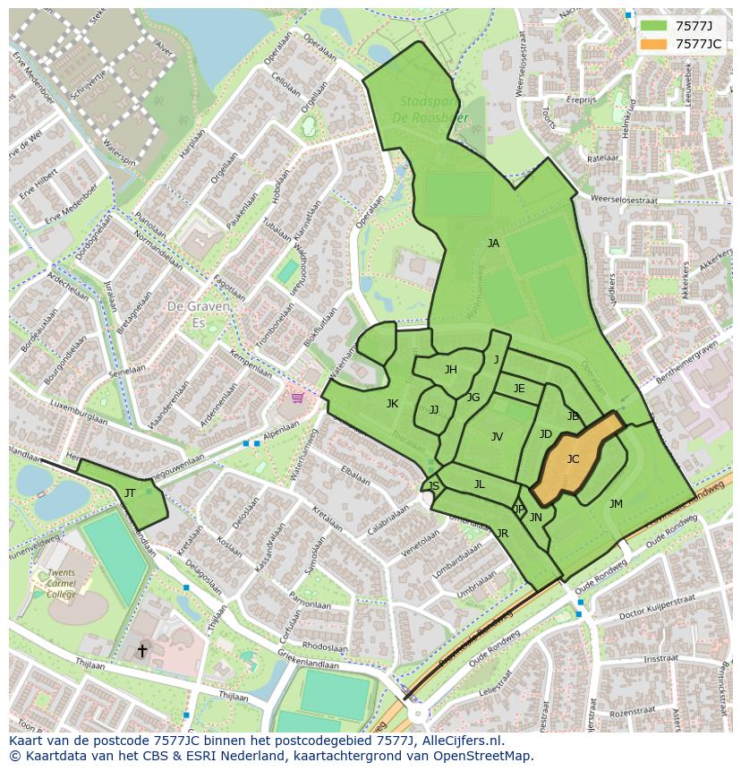 Afbeelding van het postcodegebied 7577 JC op de kaart.