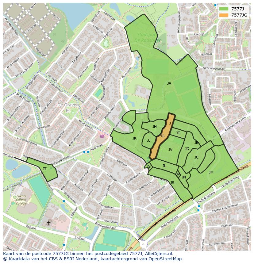 Afbeelding van het postcodegebied 7577 JG op de kaart.