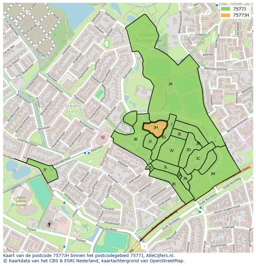 Afbeelding van het postcodegebied 7577 JH op de kaart.
