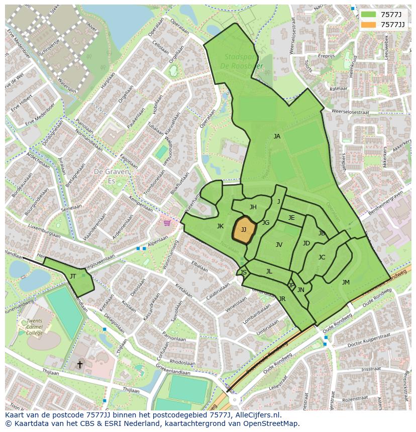 Afbeelding van het postcodegebied 7577 JJ op de kaart.