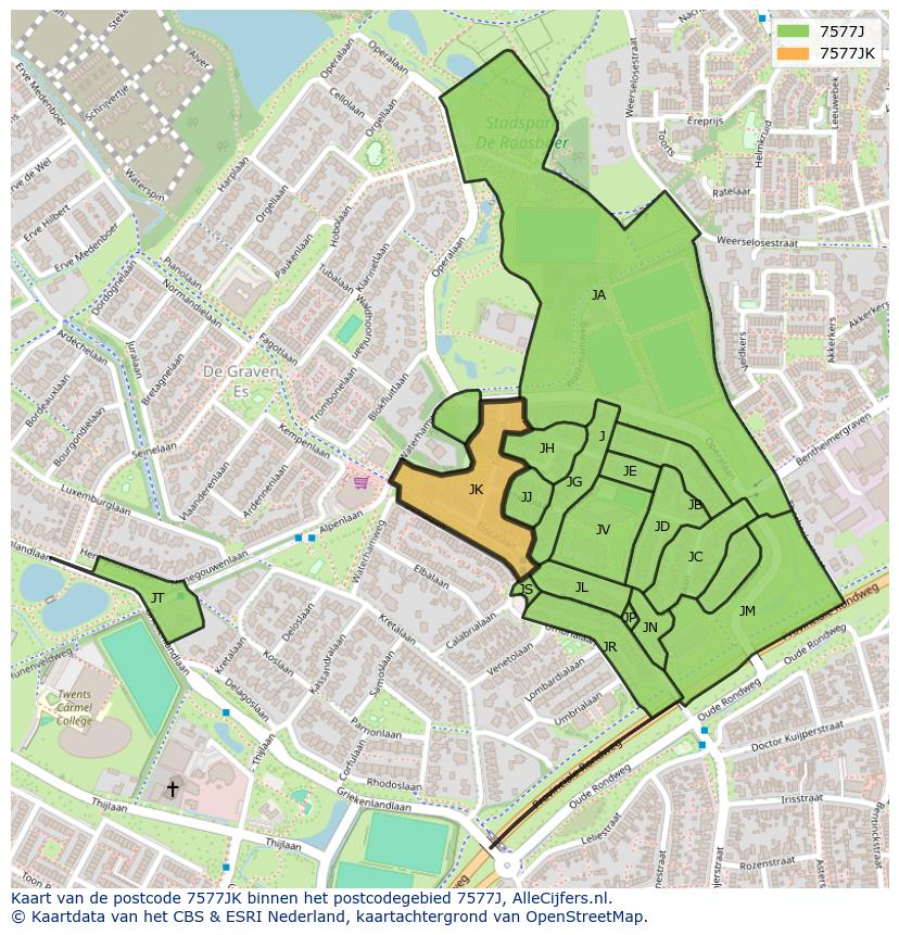 Afbeelding van het postcodegebied 7577 JK op de kaart.