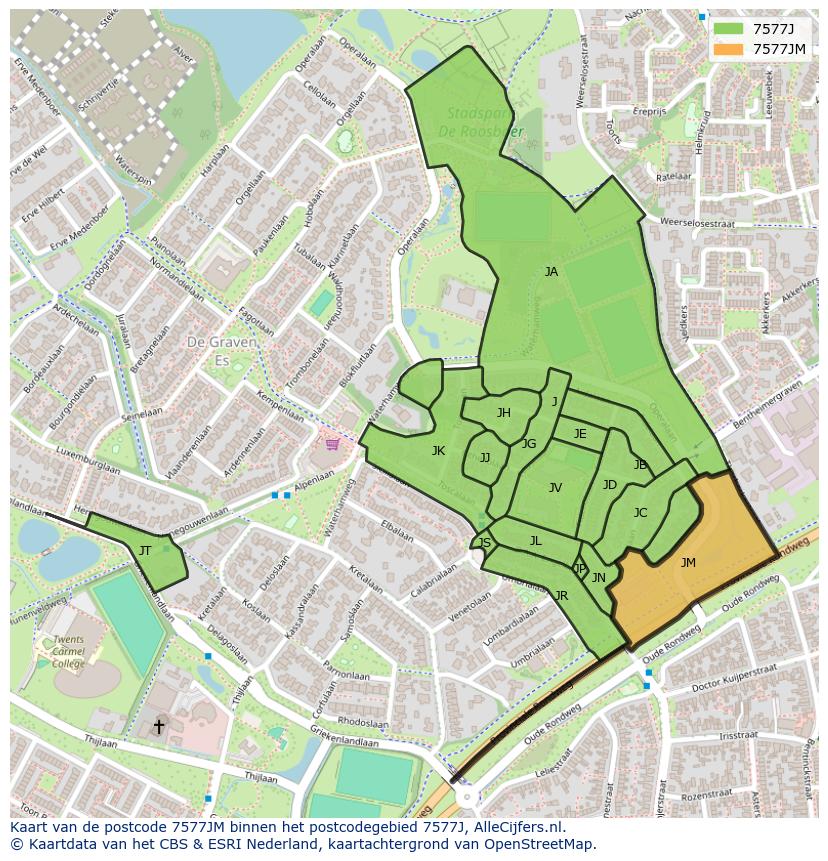 Afbeelding van het postcodegebied 7577 JM op de kaart.