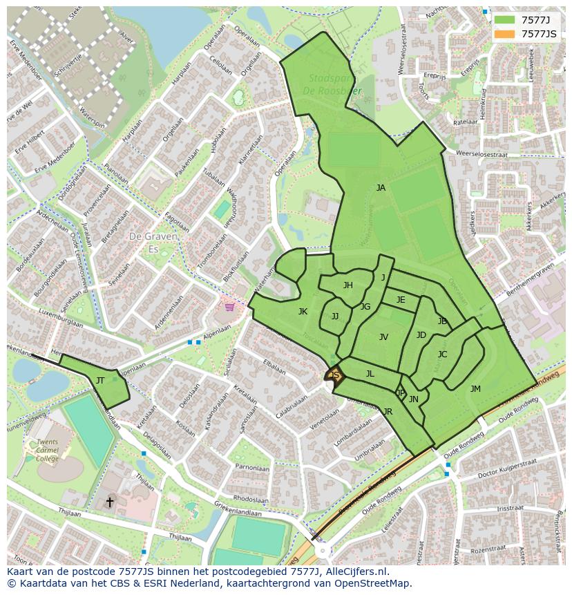 Afbeelding van het postcodegebied 7577 JS op de kaart.