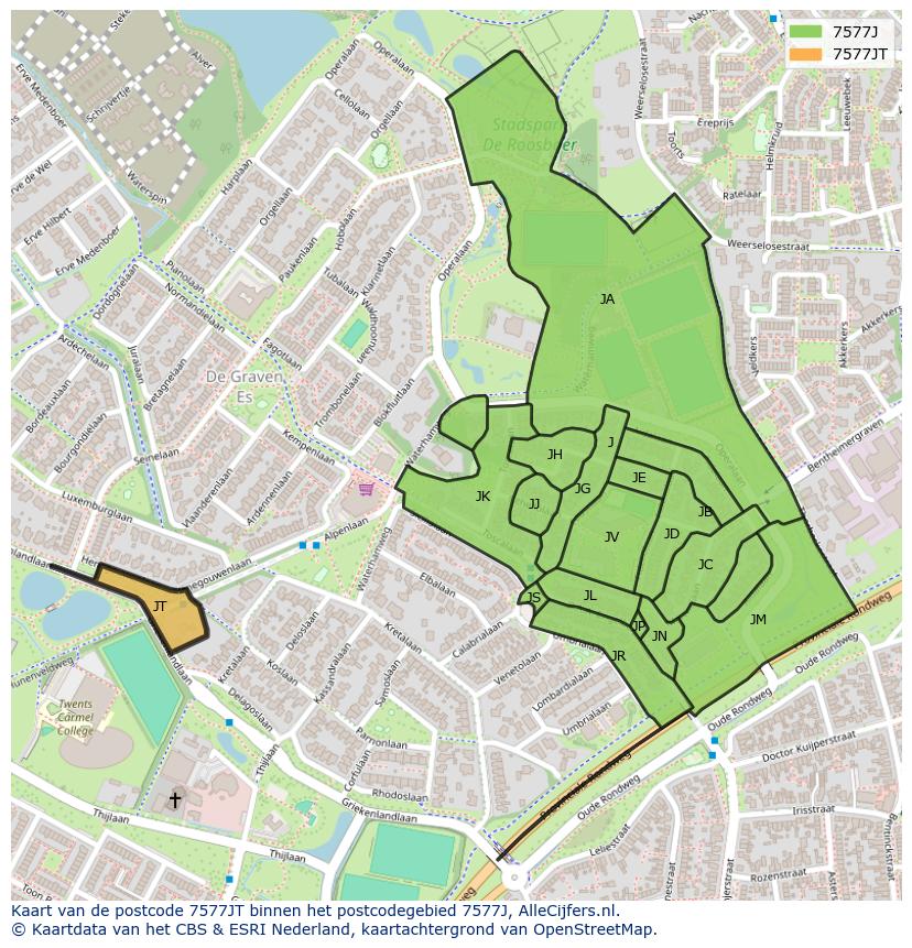 Afbeelding van het postcodegebied 7577 JT op de kaart.