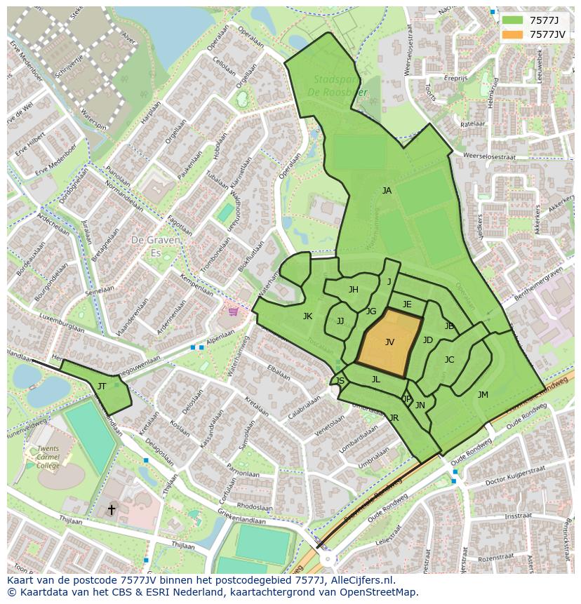 Afbeelding van het postcodegebied 7577 JV op de kaart.