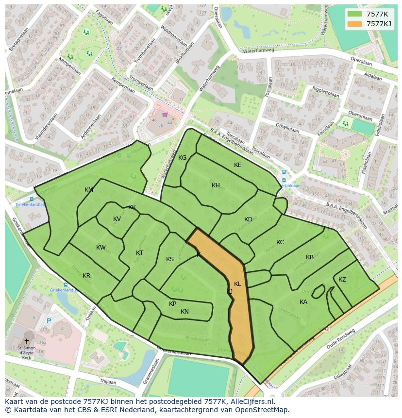 Afbeelding van het postcodegebied 7577 KJ op de kaart.