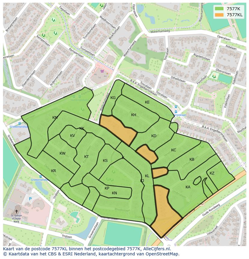 Afbeelding van het postcodegebied 7577 KL op de kaart.