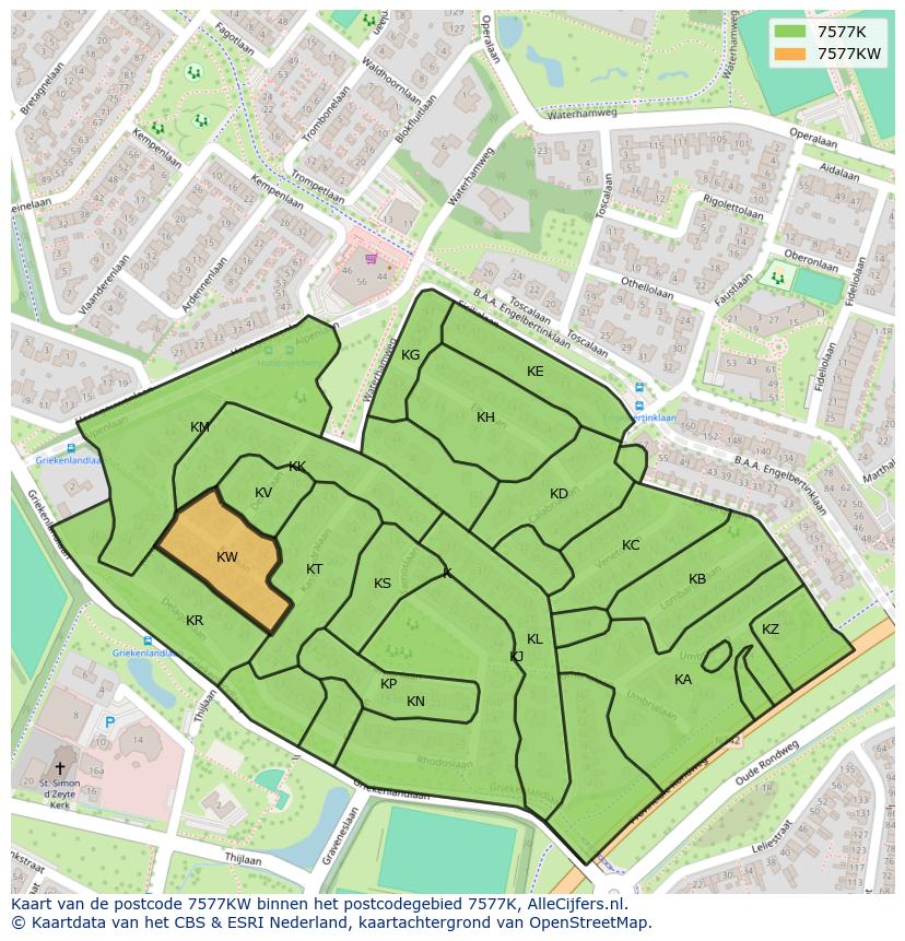 Afbeelding van het postcodegebied 7577 KW op de kaart.
