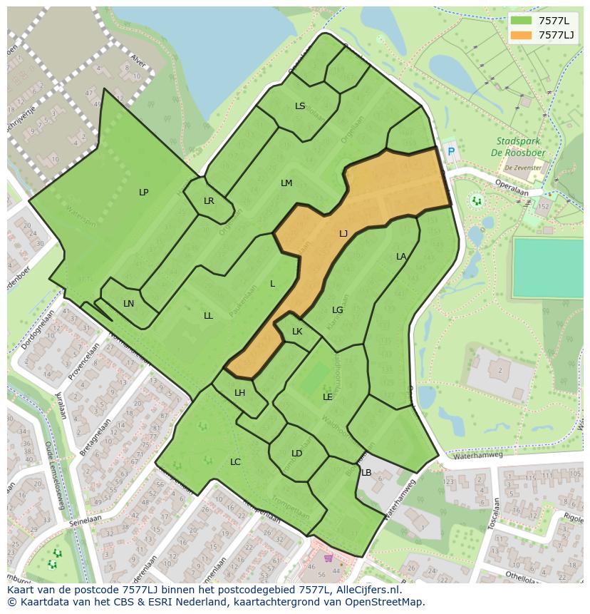 Afbeelding van het postcodegebied 7577 LJ op de kaart.